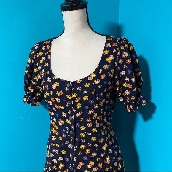 Madewell 2 Smock Sleeve Button Front Mini Dress in Happy Hibiscus Blue Orange - Picture 5 of 7